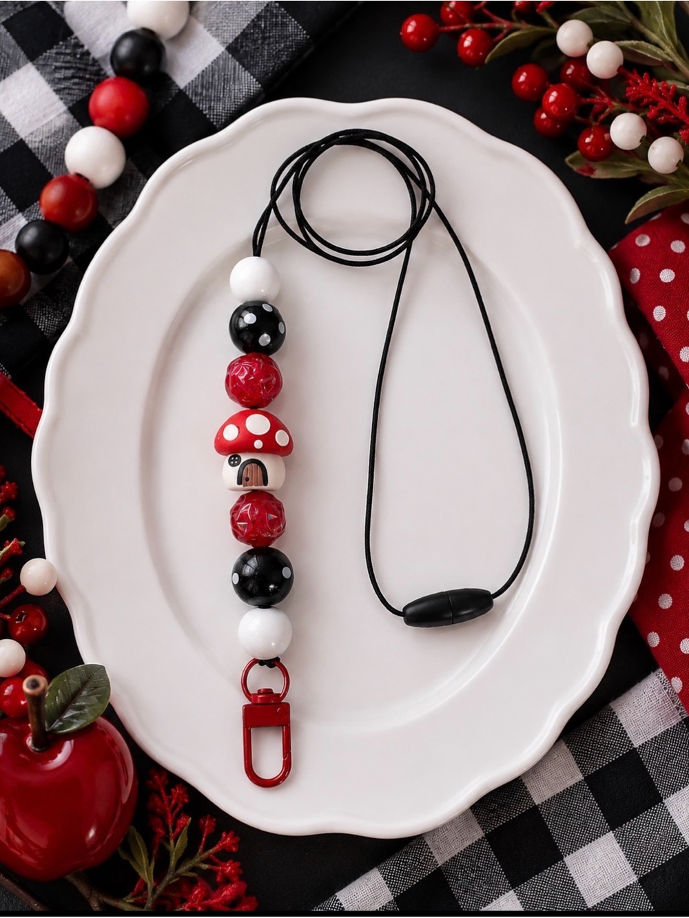 Hand Crafted Red Black White Mushroom Beaded Lanyard Key & Card Holder
